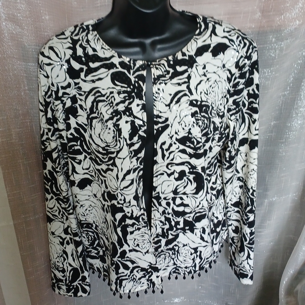 MSK Black/White Floral Sparkly And Beaded Jacket, L